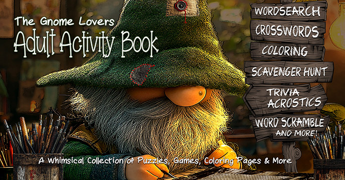 Image of a portion of the book cover for The Gnome Lovers Adult Activity Book