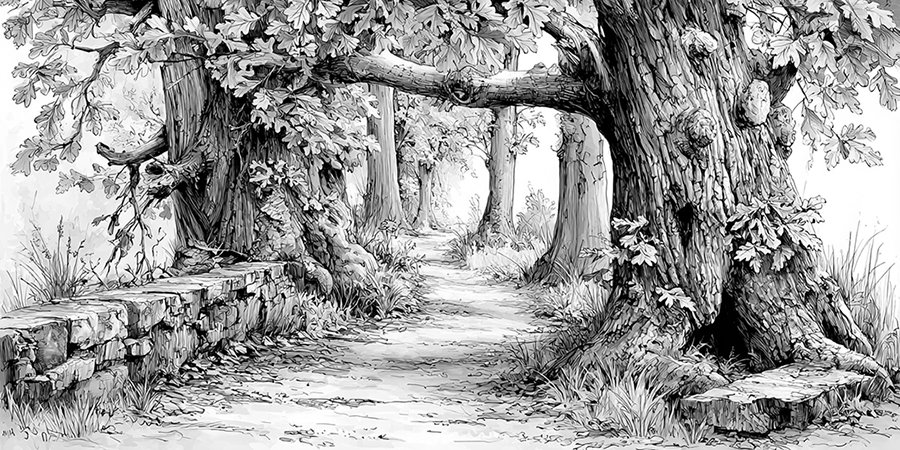 A path through the forest in Arboreal. Pen and ink illustration.