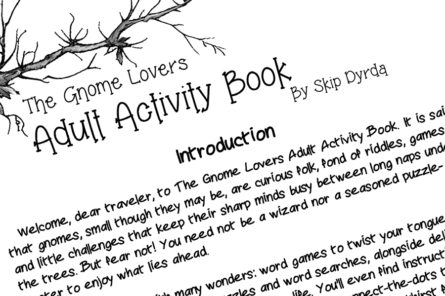 A detail of one page of The Gnome Lovers Adult Activity Book